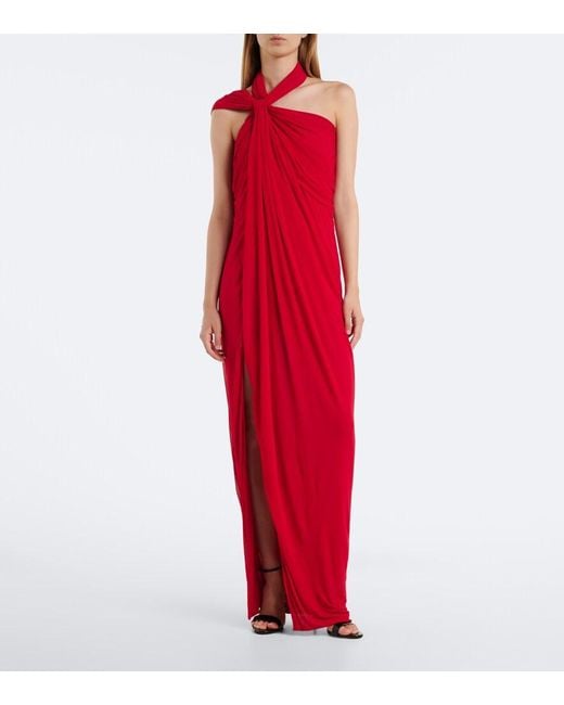 Balmain Red Draped Jersey Crepe Gown