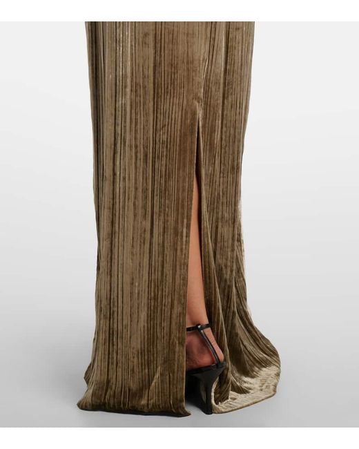 Costarellos Gray Senna Lace-Trimmed Plisse Velvet Gown