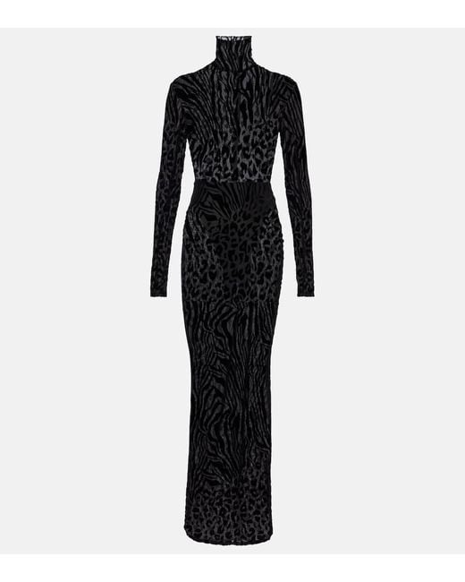 Alex Perry Black Sheer Animal-Print Devore Maxi Dress