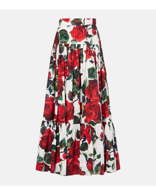 Falda Larga De Algodon Floral Dolce & Gabbana de color Red
