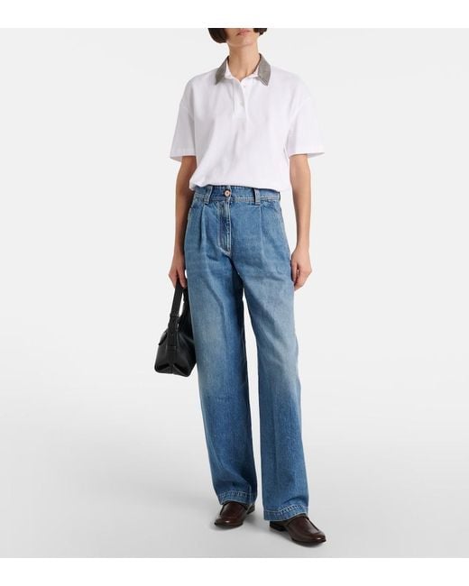 Brunello Cucinelli Blue Pleated High-Rise Wide-Leg Jeans