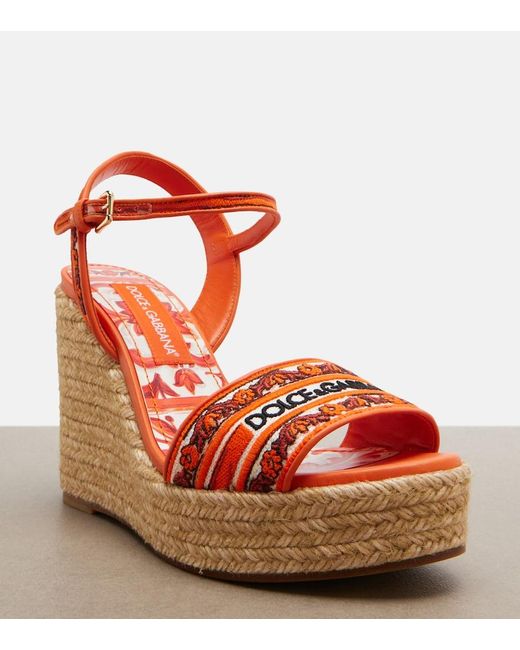 Dolce & Gabbana Orange Embroidered Floral Espadrille Wedges