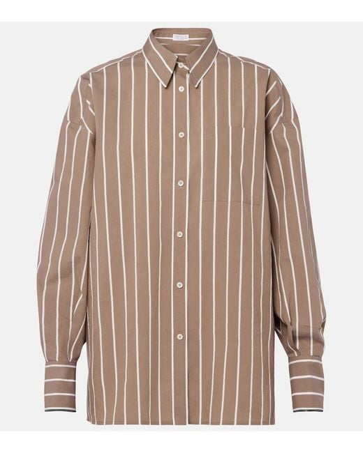 Brunello Cucinelli Brown Monili Striped Cotton-Blend Poplin Shirt