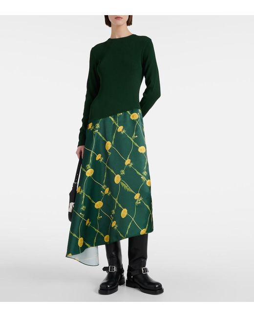 Burberry Green Printed Jersey And Satin Midi Dress