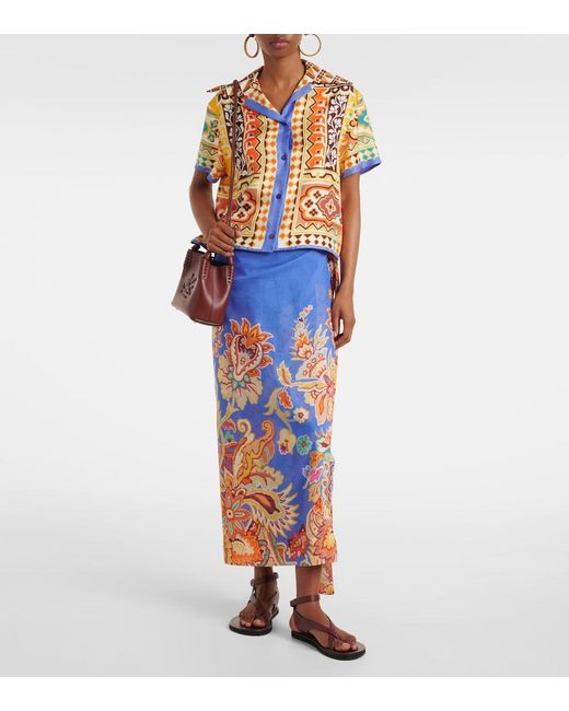Etro Blue Printed Cotton And Silk Wrap Skirt