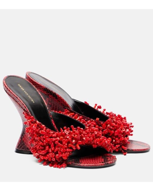Dries Van Noten Red Beaded Snake-Print Leather Wedge Mules