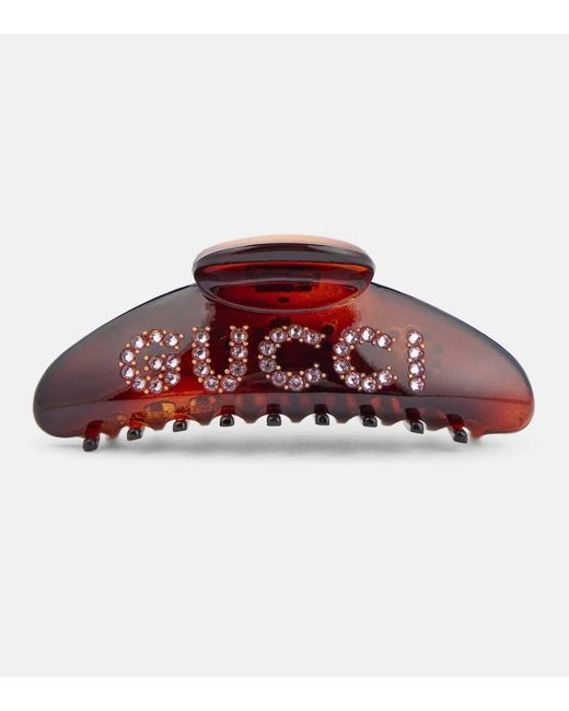 Fermacapelli Con Logo E Cristalli di Gucci in Red