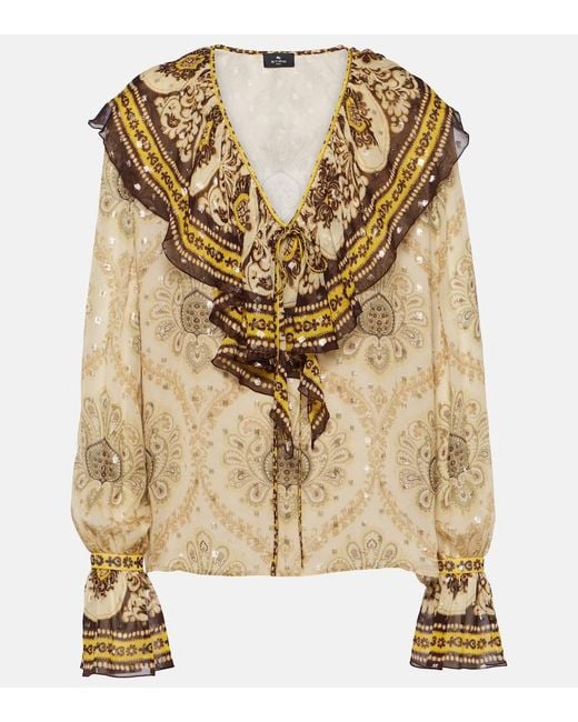 Etro Natural Ruffled Paisley Silk-Blend Blouse