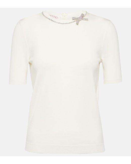 Camiseta de lana virgen adornada Valentino de color White