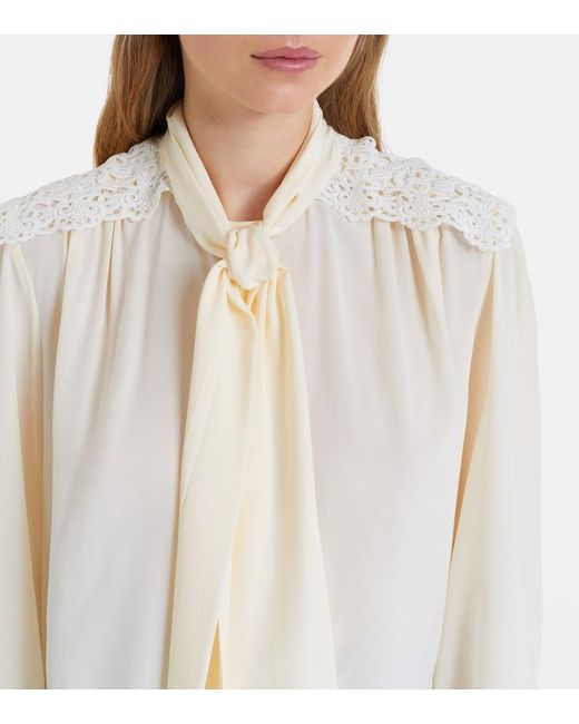 Chloé Natural Lace-Trimmed Silk Crepe De Chine Blouse