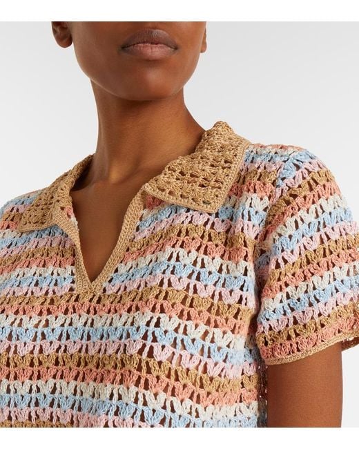 Anna Kosturova Pink Crochet Striped Cotton Polo Shirt