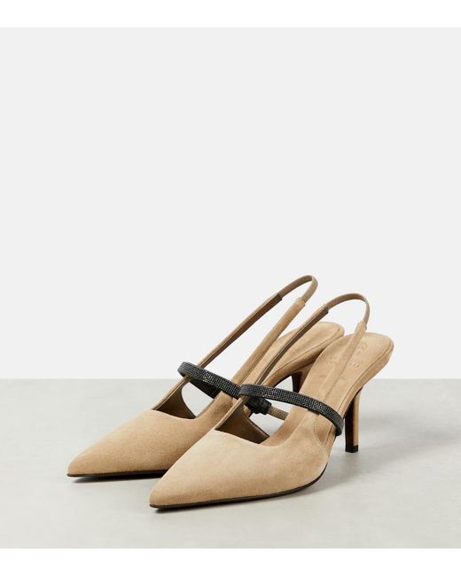 Brunello Cucinelli Natural Monili Suede Slingback Pumps
