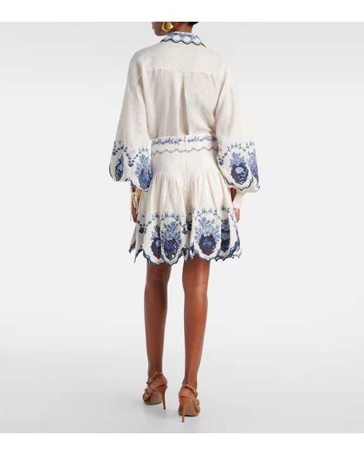 Agua Bendita Blue Acai Embroidered Floral Linen Miniskirt