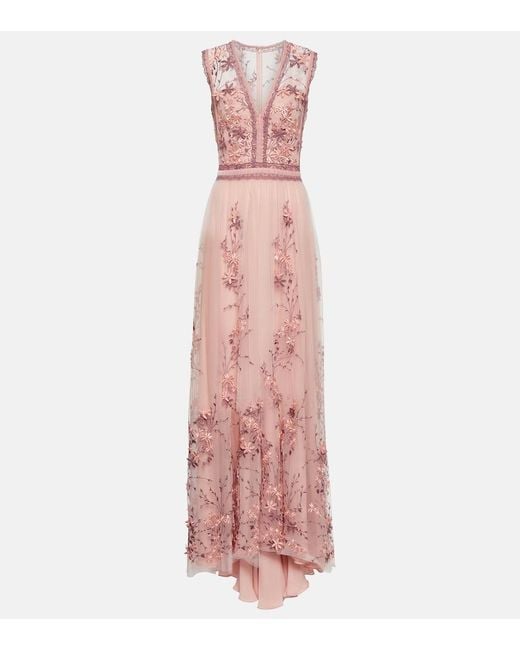 Costarellos Pink Eva Embroidered Tulle Gown