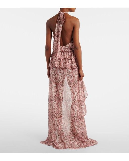 Bananhot Pink Malena Paisley Ruffled Asymmetric Maxi Dress