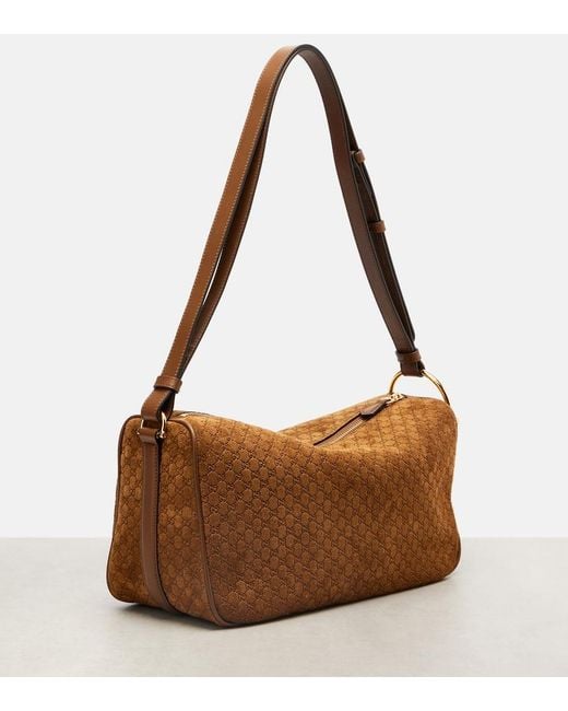 Gucci Brown Half Horsebit Medium Suede Shoulder Bag