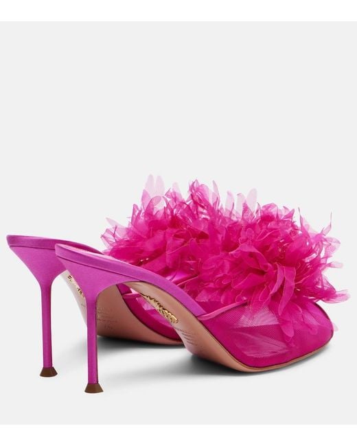 Aquazzura Pink Poeme Floral-Applique Mesh Mules