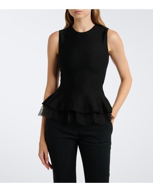 McQueen Black Lace-Trimmed Peplum Top