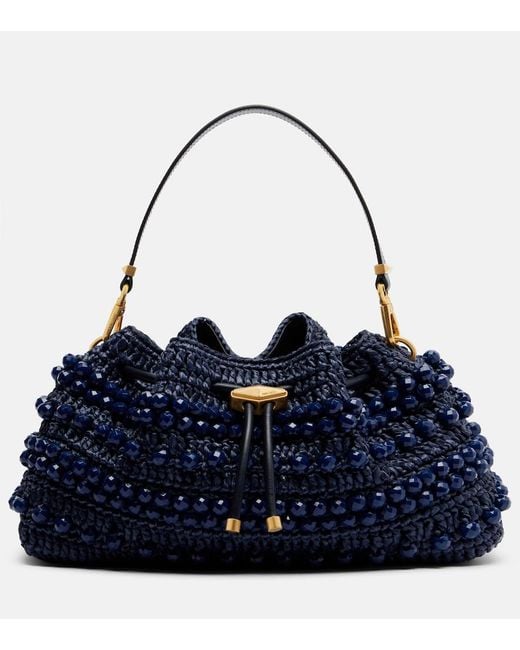 Jimmy Choo Blue Cinch Medium Beaded Raffia Tote Bag