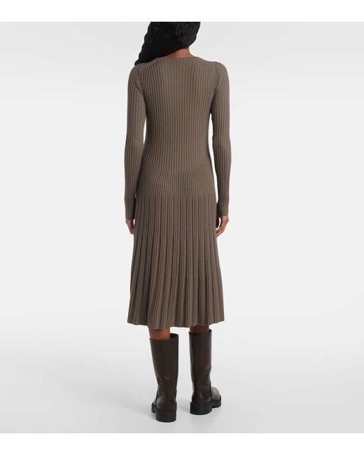 Joseph Brown Ribbed-Knit Pleated Wool Midi Dress