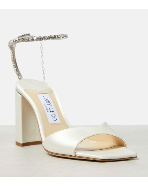 Jimmy Choo White Saeda 85 Embellished Satin Sandals