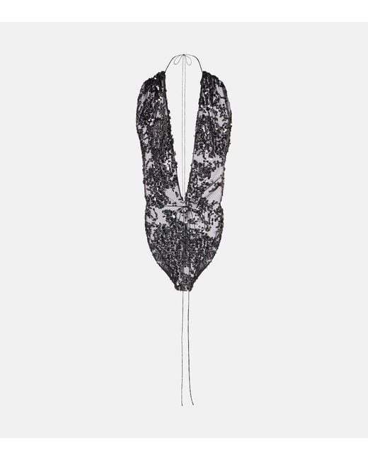 Victoria Beckham White Sequined Halterneck Tulle Bodysuit