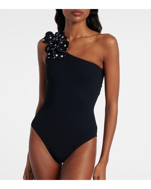 Karla Colletto Blue Aria Floral-Appliques One-Shoulder Swimsuit