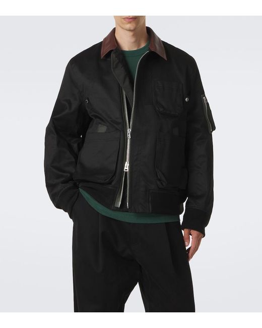 Sacai Black Leather-Trimmed Cotton Blouson Jacket for men