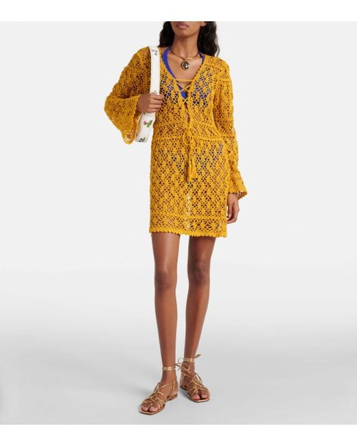 Anna Kosturova Yellow Bianca Crochet Cotton Minidress
