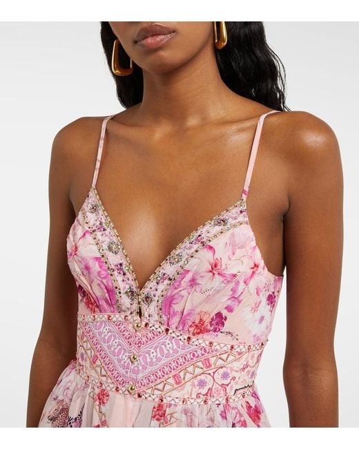 Camilla Pink Gathered Floral Silk Minidress