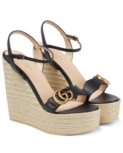 Gucci Double GG Leather Espadrille Wedge Sandals in Black | Lyst
