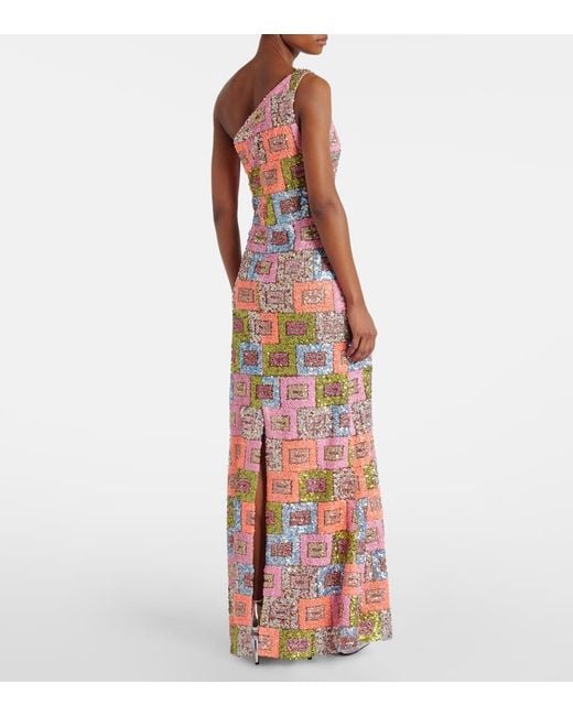 ‎Taller Marmo White Sequined One-Shoulder Gown