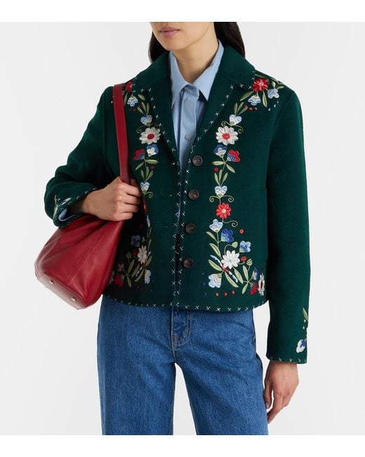 Rixo Green Jude Embroidered Floral Wool-Blend Jacket