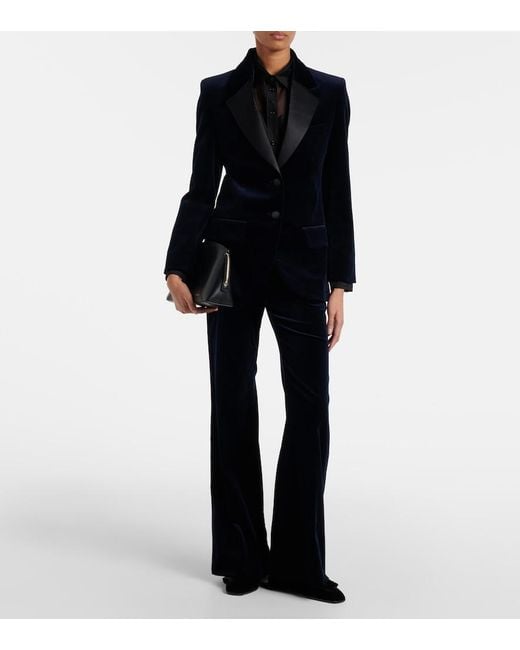 Victoria Beckham Blue Satin-Trimmed Velvet Wide-Leg Pants