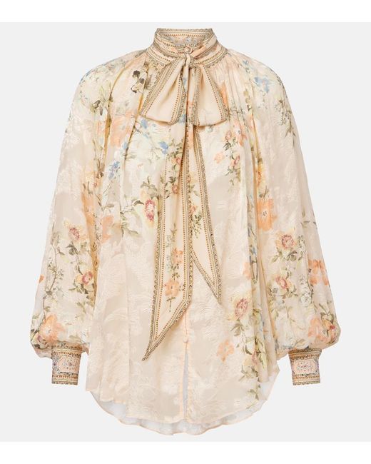 Camilla Natural Embellished Floral Tie-Neck Silk-Blend Blouse