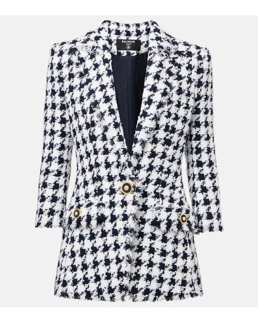 Balmain Blue Houndstooth Tweed Blazer