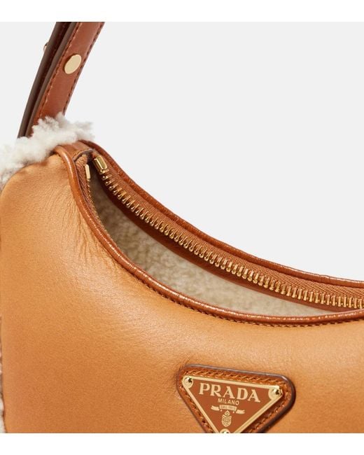 Prada Brown Arque Small Shearling-Trimmed Leather Shoulder Bag