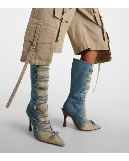 Acne Blue Bitten Denim Knee-High Boots