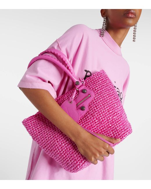 Balenciaga Pink Le Cagole Medium Raffia Tote Bag