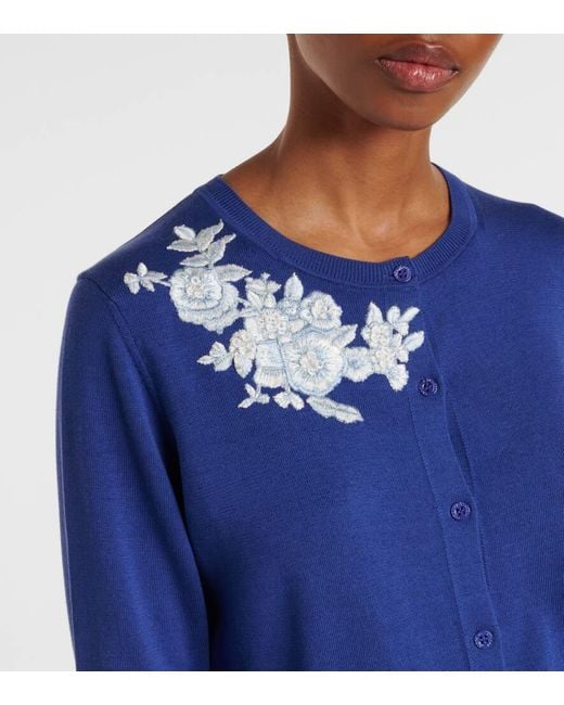 Cardigan De Seda Y Algodon Bordado Carolina Herrera de color Blue