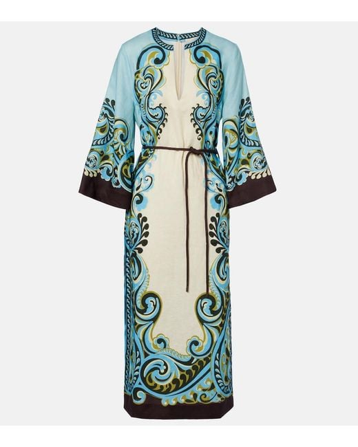 ALMAIS Natalia Printed Linen Midi Dress in Blue | Lyst