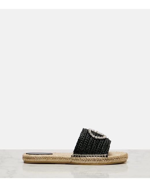 Gucci Black Gg Embellished Raffia Espadrille Slides