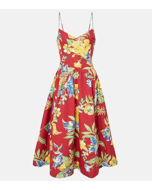 Polo Ralph Lauren Red Floral Cotton Midi Dress