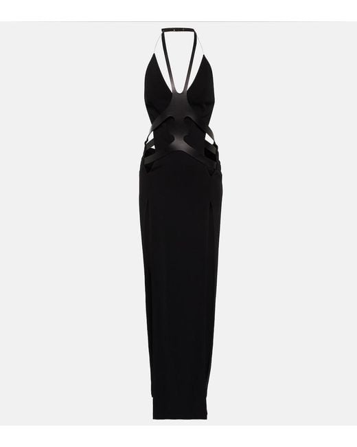 Dion Lee Black Cutout Leather-Trimmed Halterneck Gown