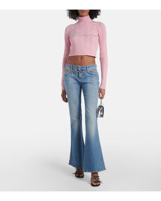 Blumarine Pink Logo Cropped Wool And Cashmere Sweater