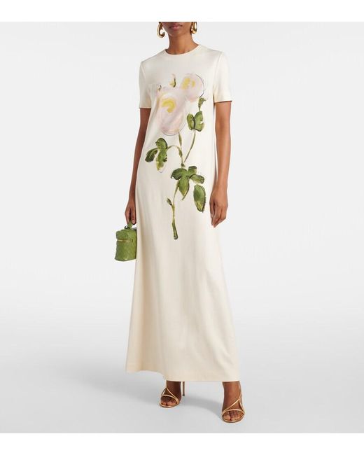 Oscar de la Renta Natural Painted Roses Jersey Maxi Dress