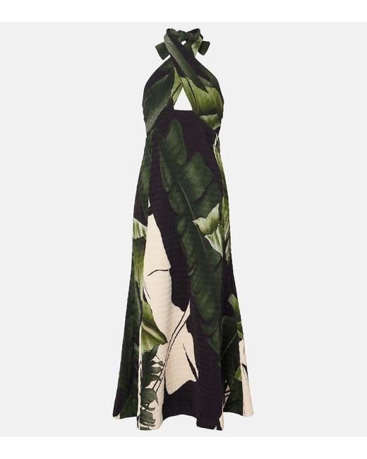 Johanna Ortiz Green Printed Halterneck Maxi Dress