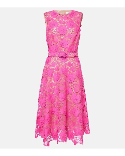 Oscar de la Renta Pink Belted Guipure Lace Midi Dress