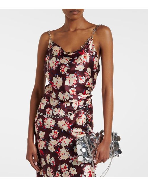 Rabanne Red Chain-Detail Floral Silk Satin Top