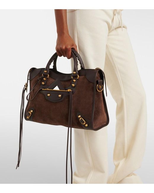 Balenciaga Brown Le City Medium Leather-Trimmed Suede Tote Bag